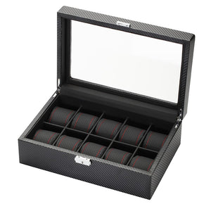 Diplomat Modena Series Watch Case Choose case size 10 or 20 watches. Carbon Fiber Pattern Black Leatherette Interior Red Stitched Accents