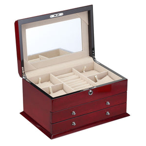 Diplomat Jewelry Chest With 2 Drawers and Locking Lid. High Gloss Cherry Wood Finish and Café Colored Suede Interior
