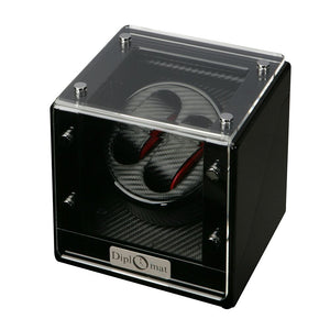 Diplomat Double Watch Winder Battery/AC Powered Smart Internal Bi-Directional Timer Control. Carbon Fiber Pattern Interior