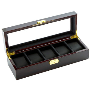 Diplomat Five Watch Case Locking Lid Choose from Two Styles, Wood Finish and Leatherette Interior