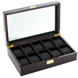 Diplomat Ten Watch Case With Locking Lid Choose Ebony or Cherry Wood Finish