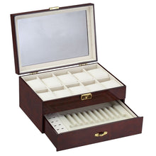 Load image into Gallery viewer, Diplomat Ten Watch Case with Drawer for Pens and Cufflink Storage, Wood Finish with Leatherette Interior