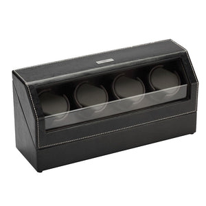 Diplomat Quad Watch Winder, AC Powered. Smart Internal Bi-Directional Timer Control,  Black Leather with Gray Microfiber Suede Interior