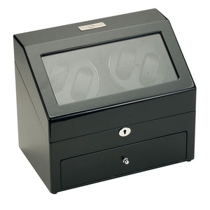 Diplomat Quad Watch Winder 4 Watch Storage Battery/AC Powered Smart Internal Bi-Directional Timer,  Wood with Leatherette Interior